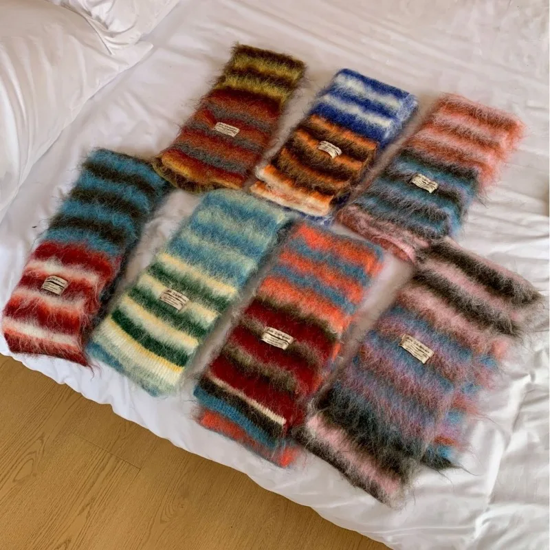 New Korean Stylish Graduated Color Striped Women Men Scarf Thick Thermal Knitted Female Scarves Fashion Design Decorate Muffler