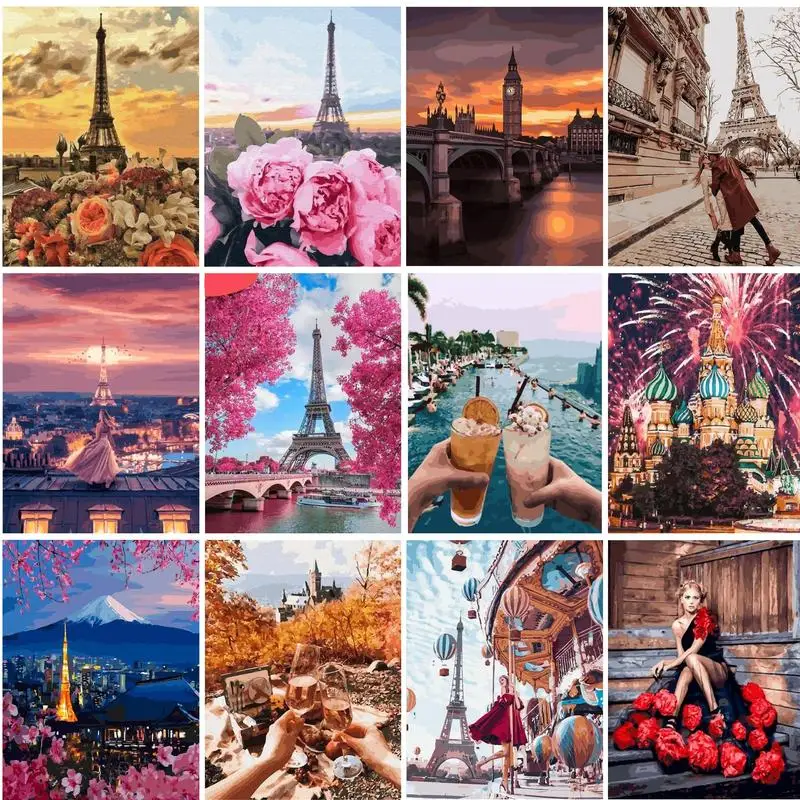 

PhotoCustom DIY Painting By Numbers Skirt woman Tower Modern Wall Art Picture Hand Painted Oil Painiting On Canvas For Gift 40x5