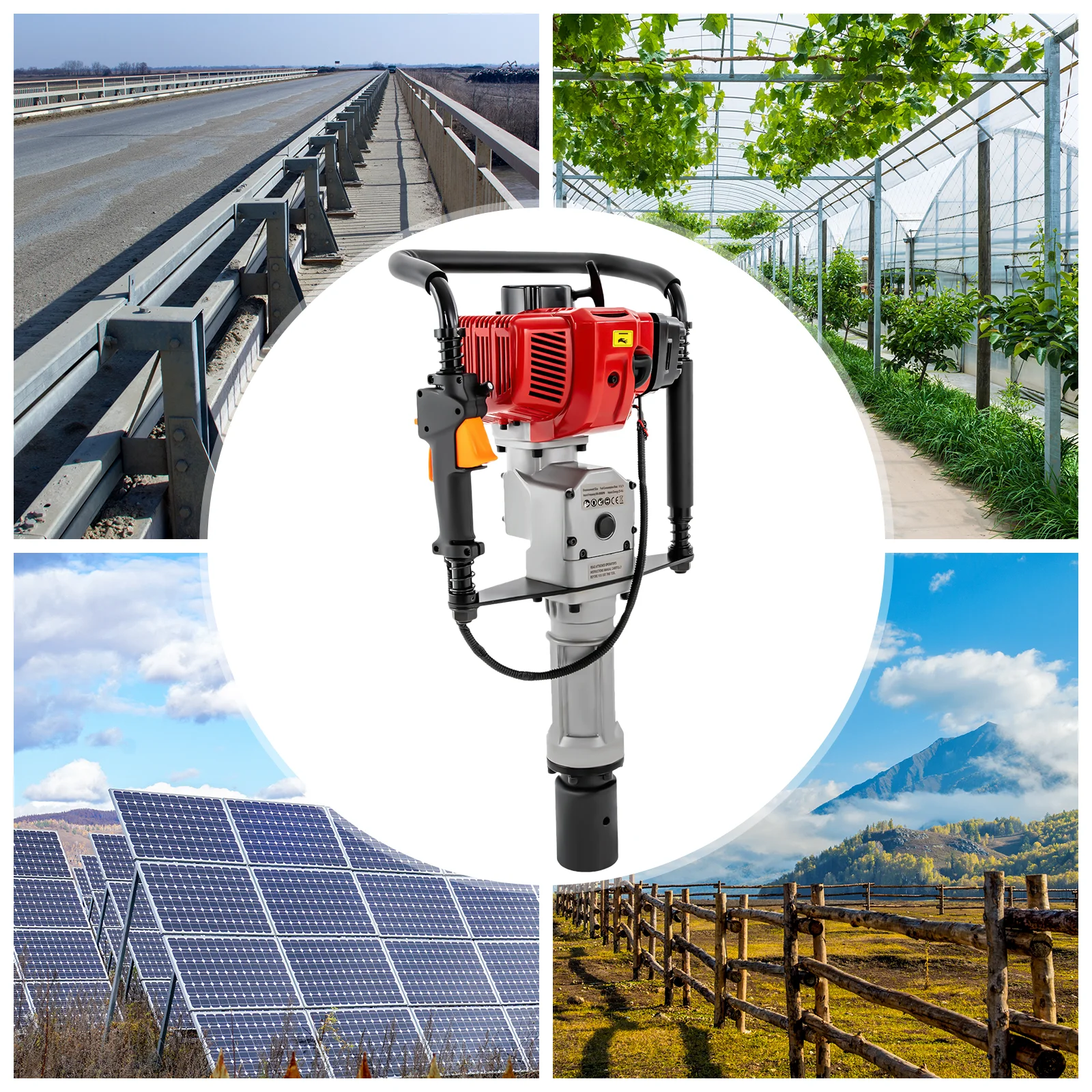 1900W Gasoline Pile Driver 52cc 2 Stroke Engine Post Driver Air Cooling Single-cylinder Petrol Garden Fencing Push Pile Tool 5