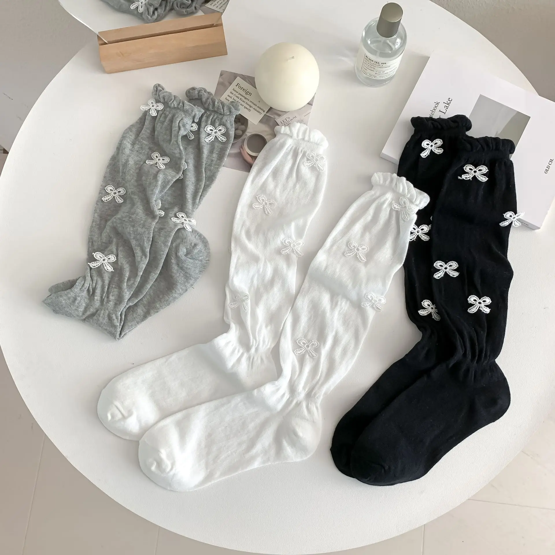 Women's Summer Ballet-Style Knitted Bow Socks - Breathable Micro Permeable Calf-Length with Bubble Top