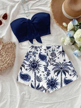 Women's summer vacation coconut tree and Sun God cashew print 2-piece set, suitable for vacation, summer, and fashionable spring 1