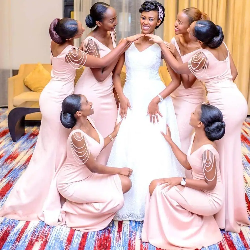 

Vestido Madrinha African Sexy V Neck Mermaid Pink Bridemaid Dresses Sleeveless Prom Dresses Wedding Guest Dresses