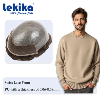 Parrucche in capelli umani BIO-Human Hair Weave, più morbide, con pizzo svizzero e base in PU annodata, traspiranti, per uomo, protesi capillare sostitutiva.