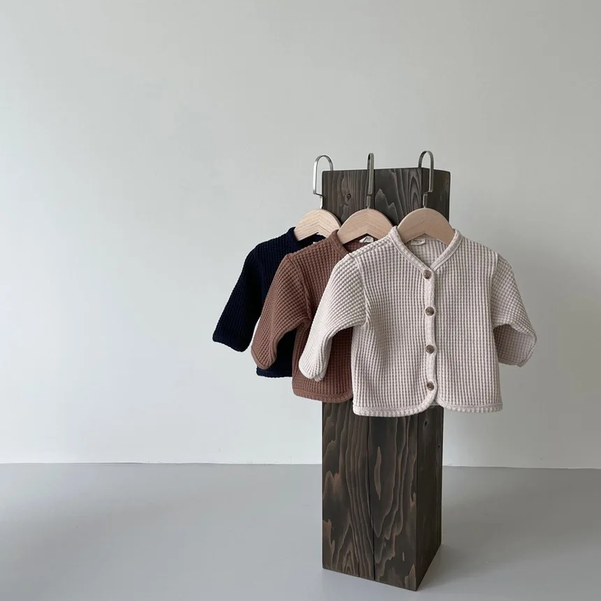 Korean Style Baby Cardigan Spring Autumn Solid Color Children's Thin Coat Waffle Base Shirt Tops Casual Jacket for Boys Girls
