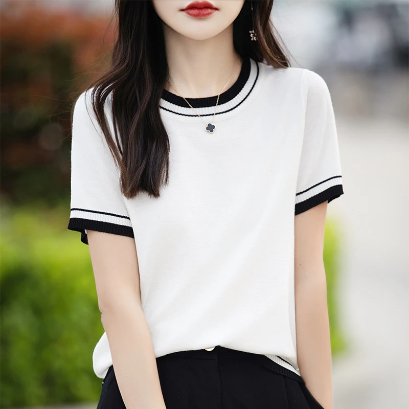 

ZOCEPT Contrast Round Neck Short Sleeved T-shirt for Women's Summer Korean Loose Fit Mercerized Cotton Knitted Tees Tops Trend