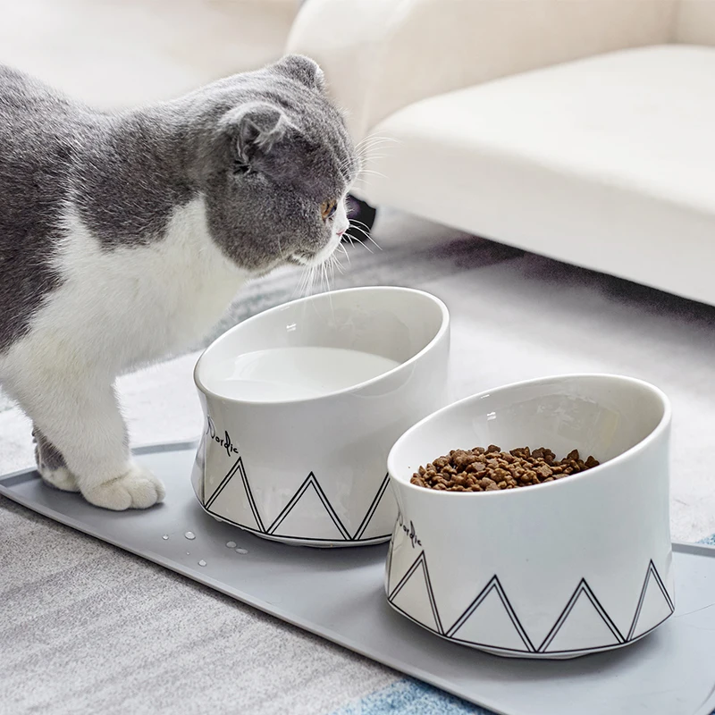 Nordic ins wind cat bowl ceramic protection cervical spine small dog high foot oblique mouth cat food bowl