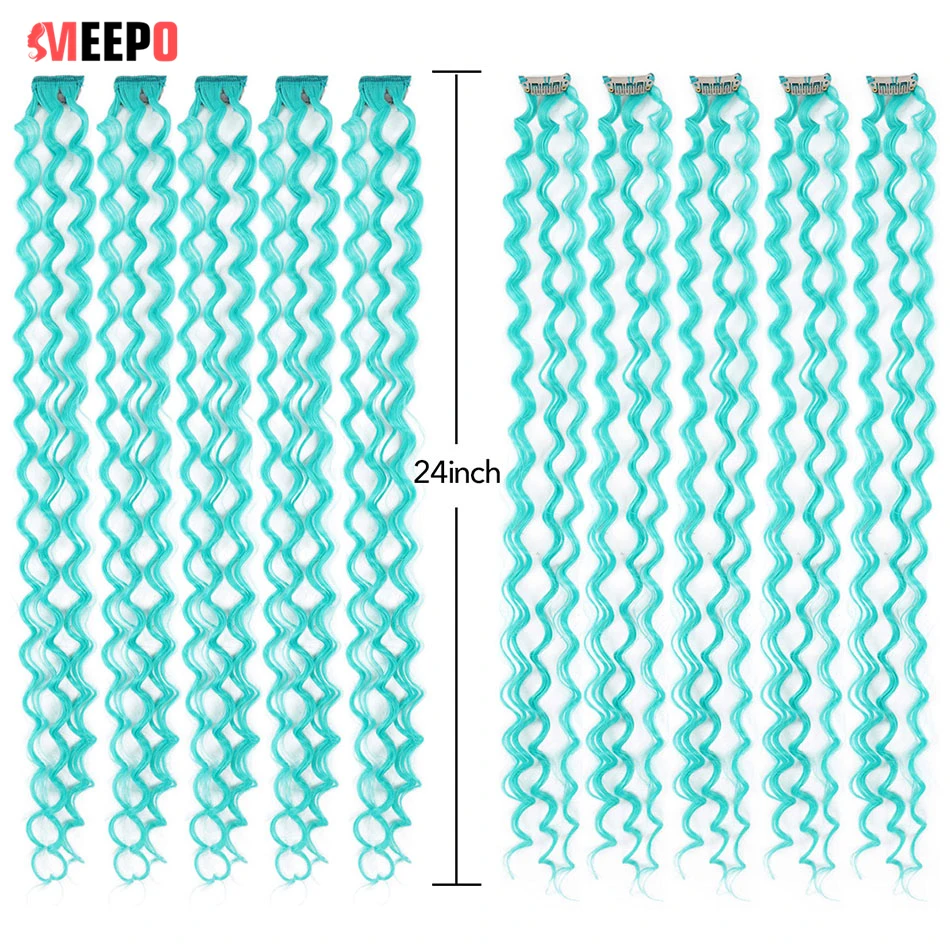 Meepo Colored Fibers 24Inches Kinky Curly Clip in Hair Extensions Synthetic Tress for Hair 10Pcs/Set High Temperature Deep Wave