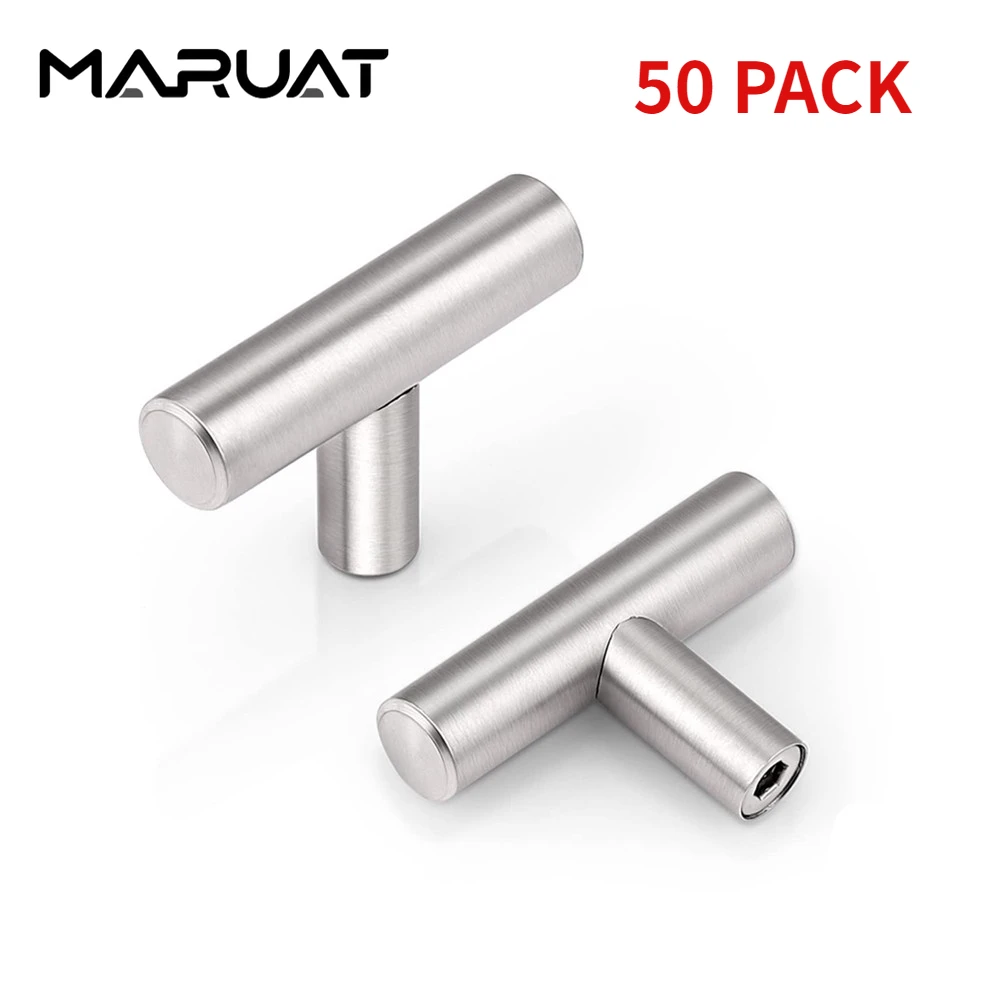 MARUAT 유로 스타일 T 바 싱글 홀 브러시드 니켈 캐비닛 손잡이, 스테인레스 스틸 주방 캐비닛 당김 드레서 손잡이, 50 팩