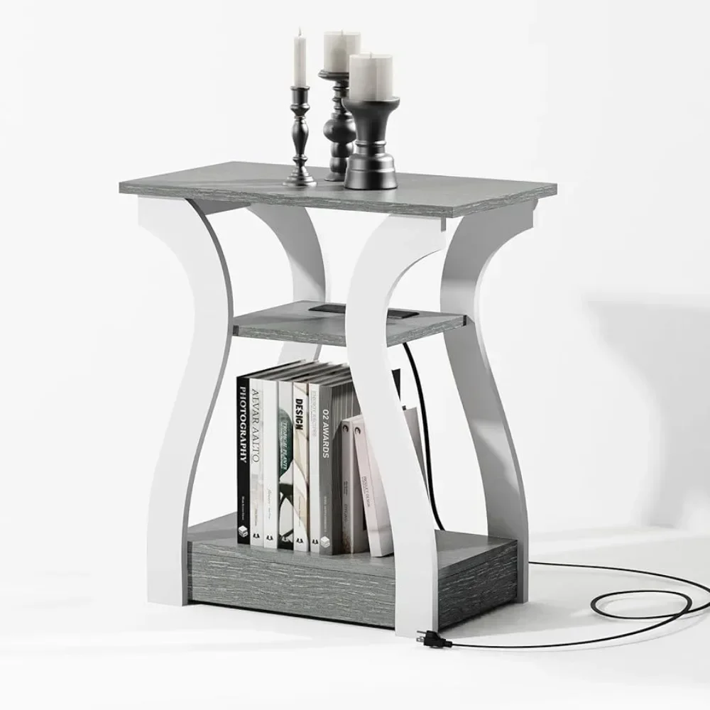 

Nightstand with Charging Station, Side Table with USB Ports and Outlets, Grey, 3 Tier End Table with Storage Shelf