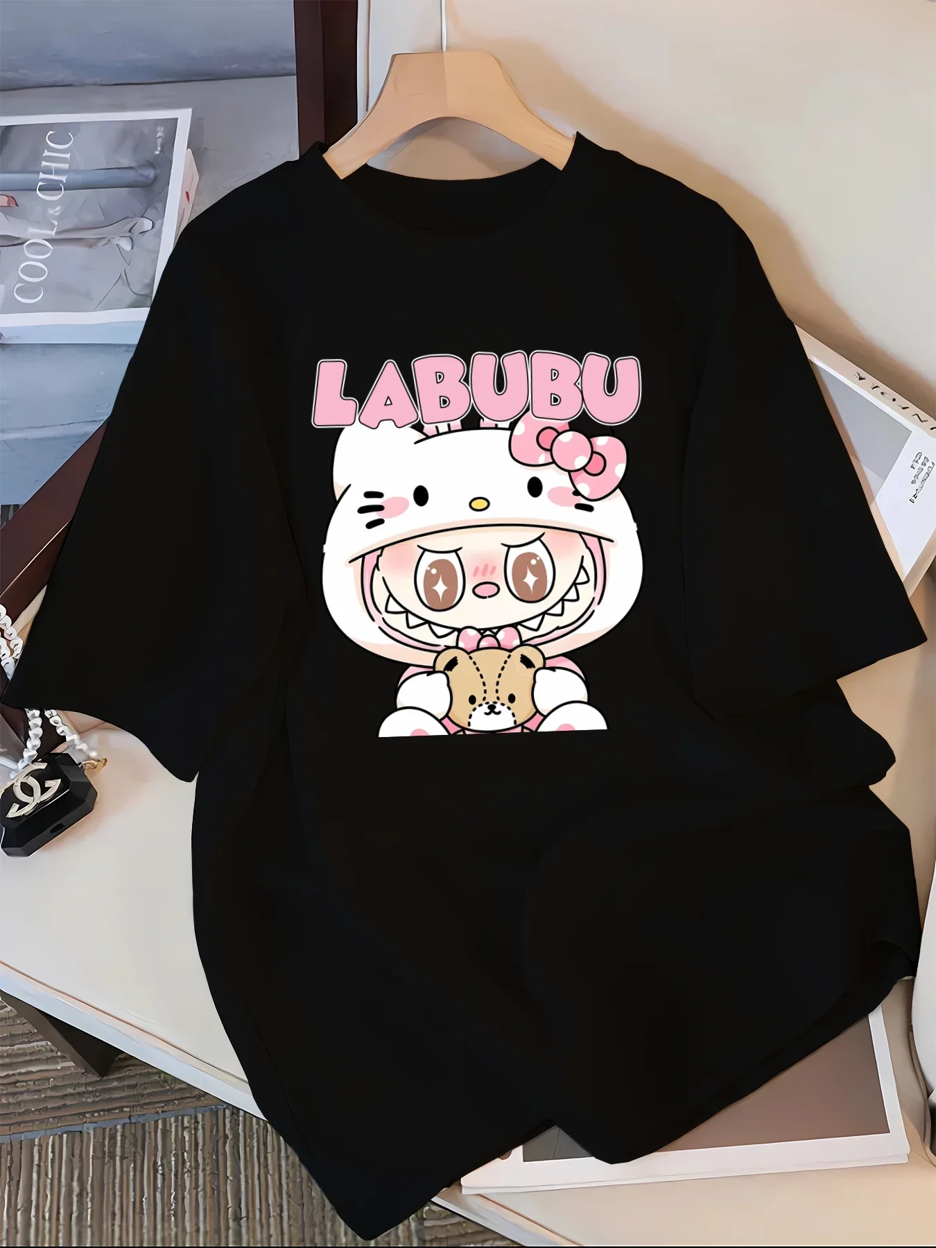 Labubu Cartoon Print T-Shirt – 100% Polyester Casual Crew Neck Short Sleeve Tee for Adults, Spring/Summer/Fall 3