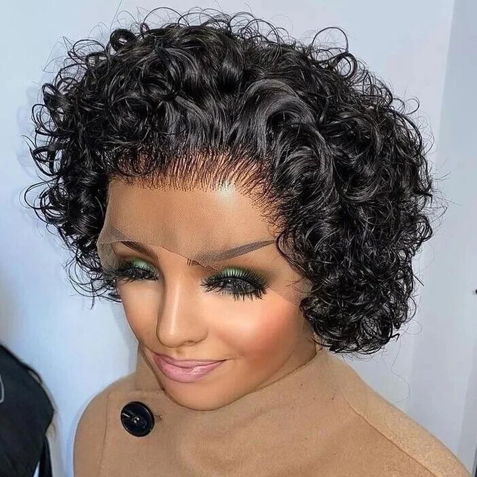 

Short Curly Pixie Wig Curly Bob Human Hair Wig Cheap 13X1 Transparent Lace Frontal Water Deep Wave Lace Wig Prepluck Human Hair