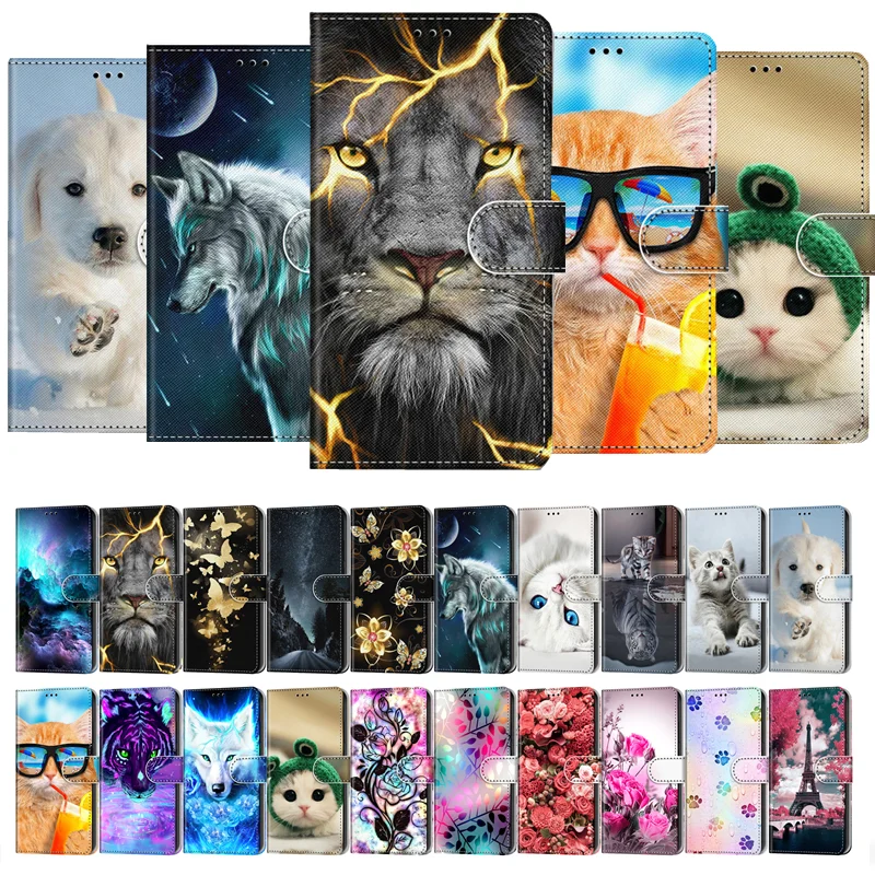 Etui Flip Leather Phone Case For Redmi Note 9T 9 9S Pro 9A 9C Power Funda Wallet Card Holder Stand Cover Cat Dog Painted Coque |