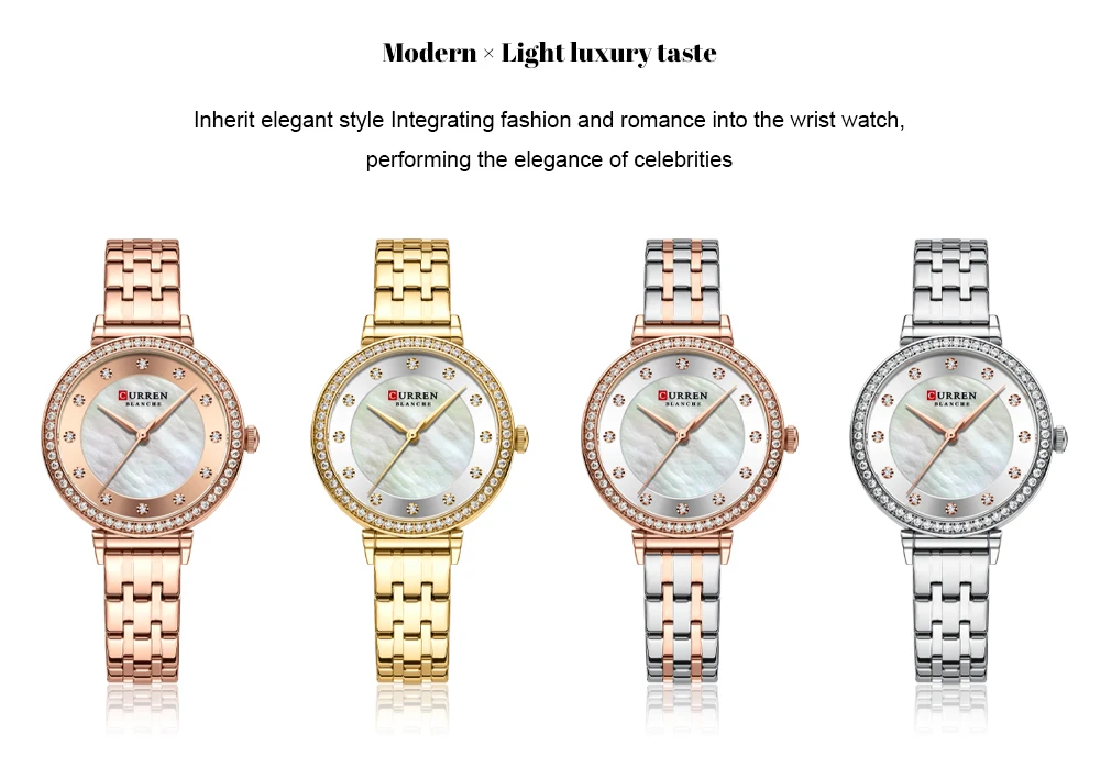 CURREN Luxury Slim Women's Watch Two Tone Stainless Steel Band Mother of Pearl Dial with Rhinestones Elegant Quartz Wristwatch