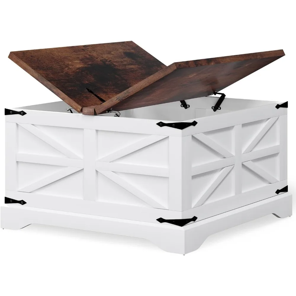 Modern Farmhouse Coffee Table Square Wood Center Table with Storage Space Metal Corners Z Shape Table 6