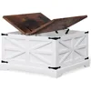 Modern Farmhouse Coffee Table Square Wood Center Table with Storage Space Metal Corners Z Shape Table 6