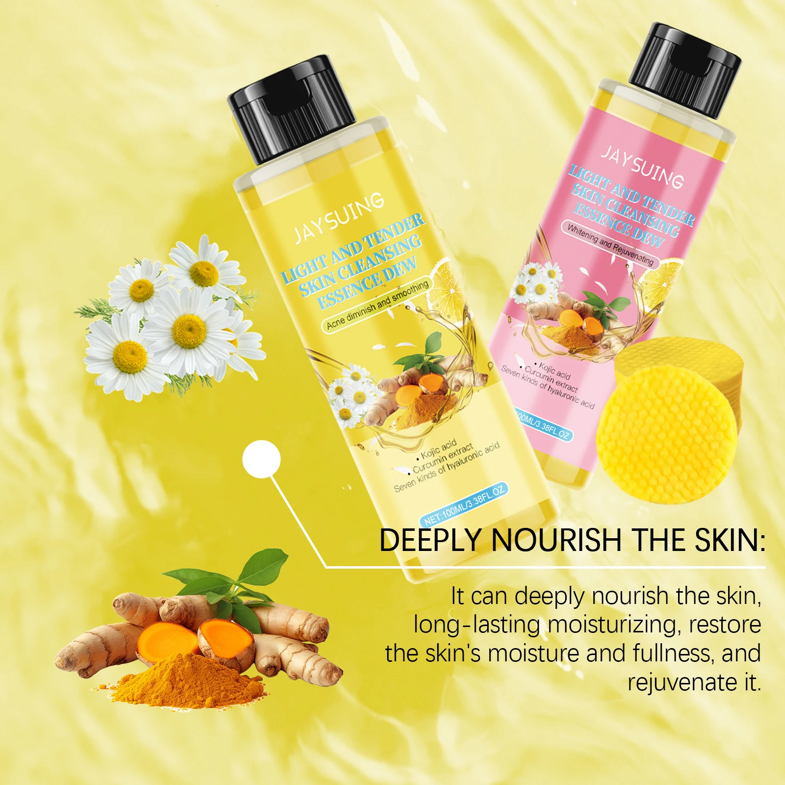 JAYSUING Turmeric Face Wash Serum Kojic Acid Cleansing Pads Exfoliating Brightening Daily Cleansing Acne Treatment Face Care Kit 5