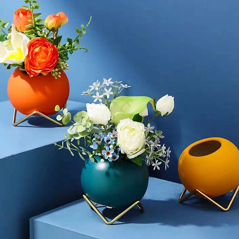 A74P-Small Flower Vase Set Of 3, Modern  Vase For Living Room Decor Yellow Blue Orange Round Vase For Faux Flowers 6