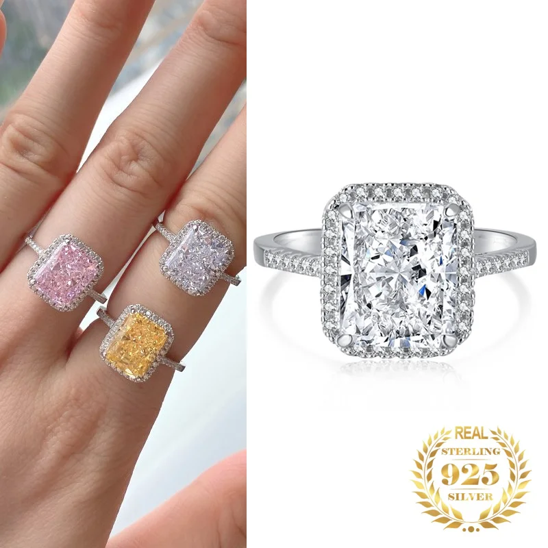 

Luxury 8A Zircon Rectangle Crushed Ice Cut Ring Women Sterling Silver 925 Vintage Full Diamond Wedding Engagement Party Jewelry