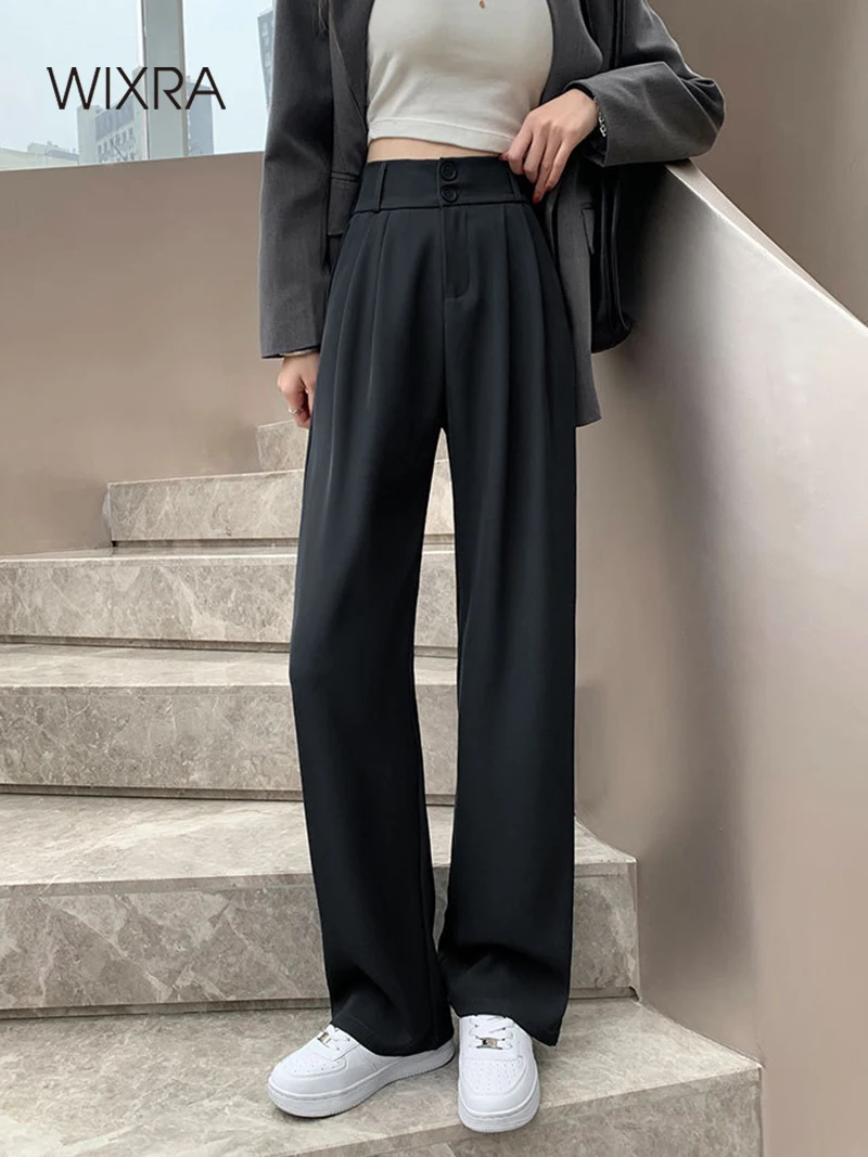 

Wixra Women Straight Pants Zipper High Waist With Button Pocket Spring Summer Solid Loose Casual Suit Trousers