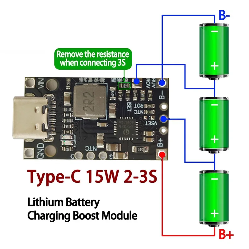 Boost de charge de batterie au lithium USB de type C avec prise en charge Balchoses, charge rapide avec indicateur, 15W, 8.4V, 12.6V, 1,5 A, 2-3S, BMS