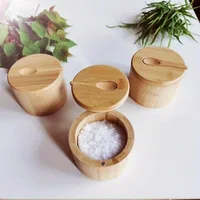 Pots d'assaisonnement au sel, pot à poivre, boîte à condiments en bambou, bol de rangement, ensemble de pots, support de récipient à sucre en bois, fonction de couvercle, bols multiples 5