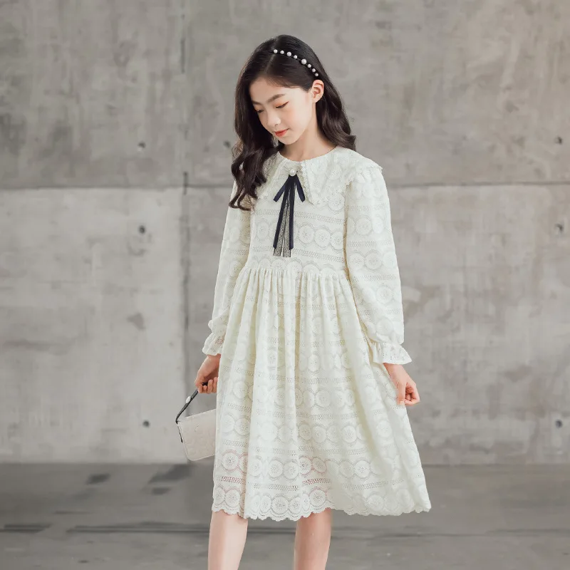 

Girl Cotton Lace Dresses Princess Elegant Bow Long Sleeve Party Ceremony Birthday Kids Girl Dress