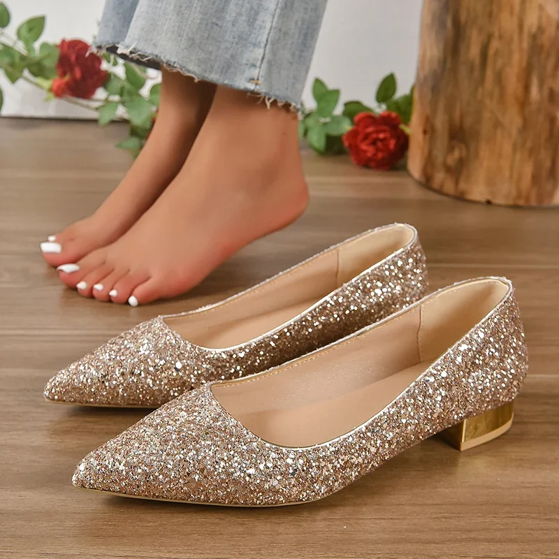 Gold Low Heels Pumps Women 2025 Spring Shiny Sequins Pointed Toe Party Shoes Woman Plus Size Simple Thick Heeled Bride Shoes 2