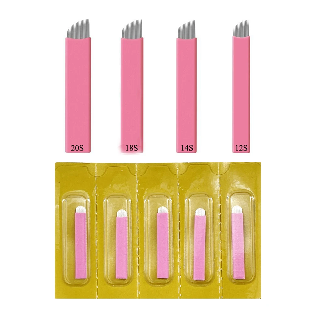 0.15mm Pink Slanted Ultra Sharp Microblading Needle Blades EO Sterile Blister Packing 50pcs 0 15mm 18u ultra nano microblading needle blades 50pcs