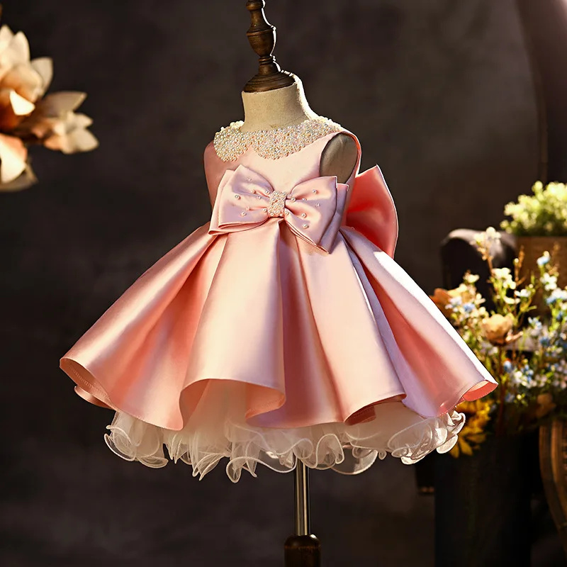 White Satin Flower Girl Dresses For Wedding Pearls Puffy With Bow Cute Party Kids Baby Pageant Birthday Ball Gowns Dress 2024 3