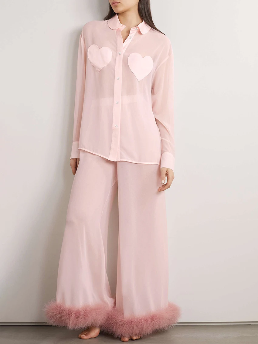 Marthaqiqi Fashion Pink Women Nightie Suit Long Sleeve Nightwear Turn-Down Collar Sleepwear Wide Leg Pants Feathers Home Clothes