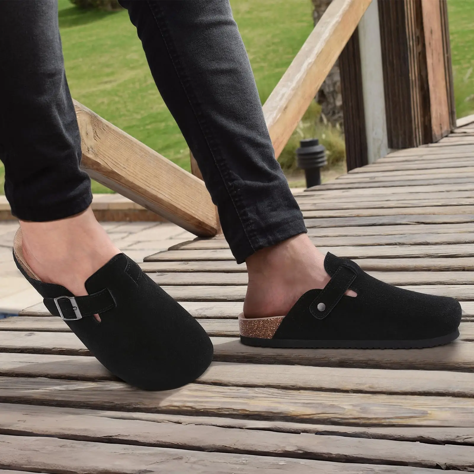 Bebealy Retro Women's Mules Cork Footbed Clogs Slippers Women Clogs Slides Summer Soft Suede Home Mules With Adjustable buckle