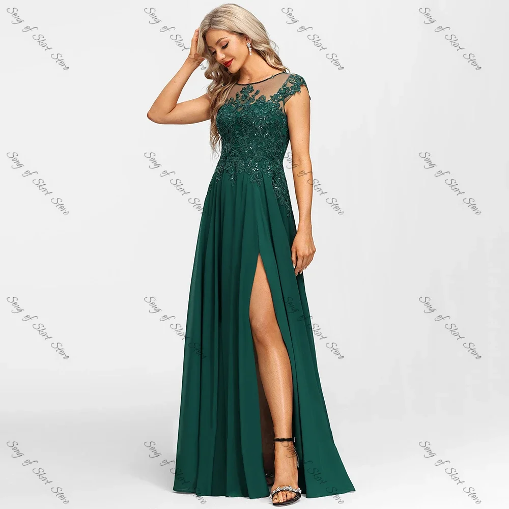 O-Neck A-Line Emerald Mother of the Bride Dresses Side Slit Lace Appliques Sequined Chiffon for Wedding Guest Prom Gowns Mom mother bride dresses