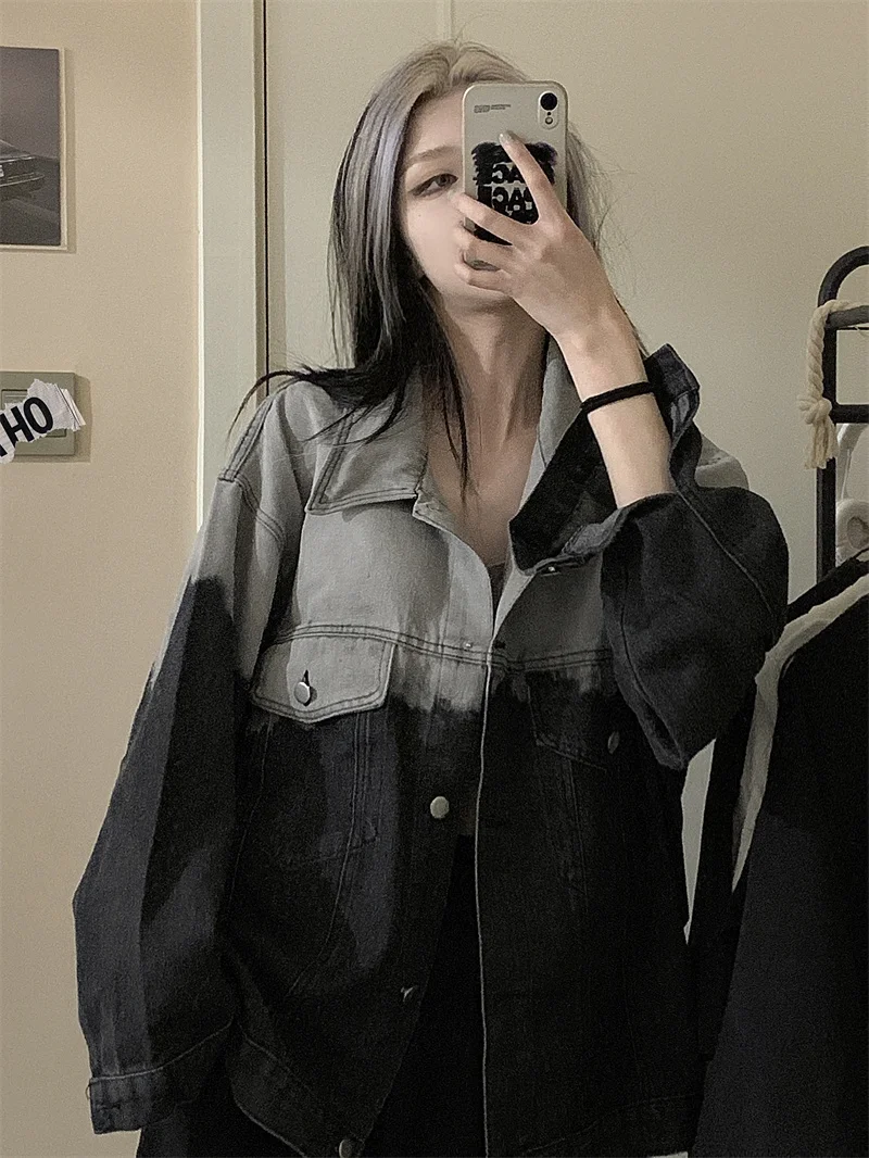 

2022 New Autumn Live Photography Gradual Color Denim Coat Women's Loose Korean Retro Hong Kong Style Jacket Free Shipping