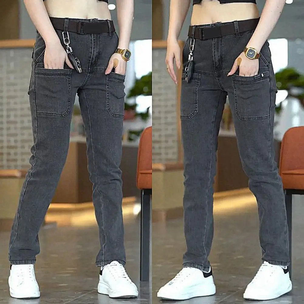 

Men Retro Style Jeans Men's Retro Denim Jeans with Multiple Pockets Zipper Closure Stylish Mid Waist Straight Fit for Comfort