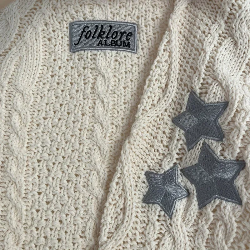 Limited Edition Folklore Cardigan Women Letter Patch Beige Knitted Cardigans with Star Embroidered Female Winter Autumn Sweaters 5