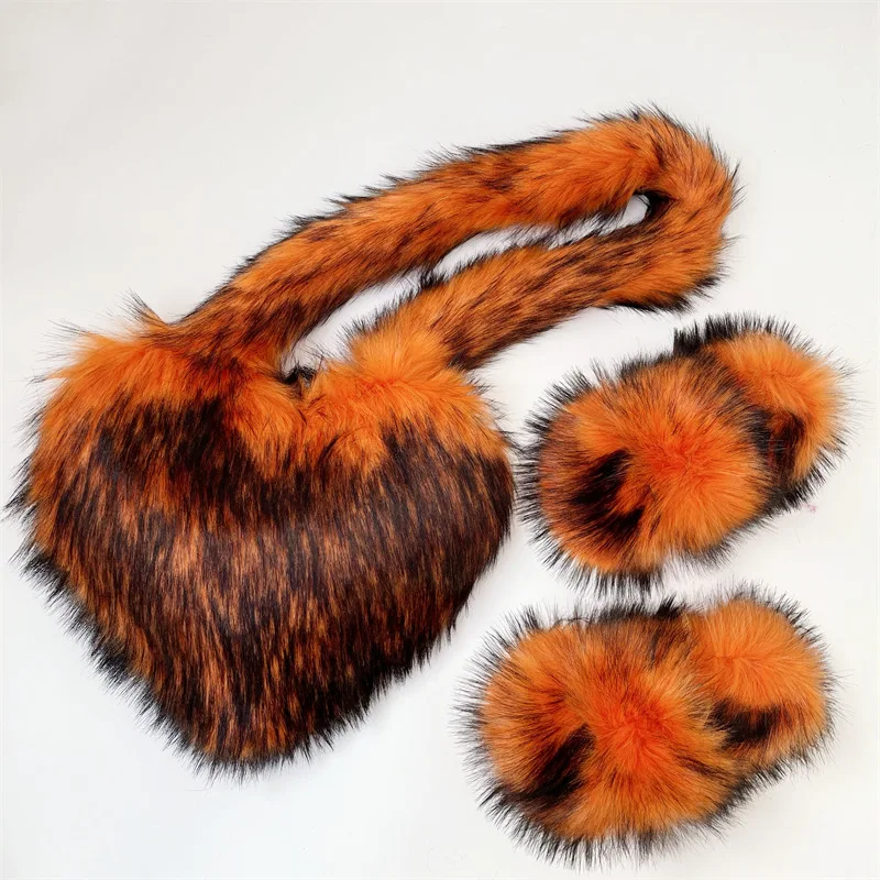 

Fur Bucket Hat Love Bag Slippers Set Imitation Raccoon Fur Plush Shell Bag Home Slippers Bucket Hat