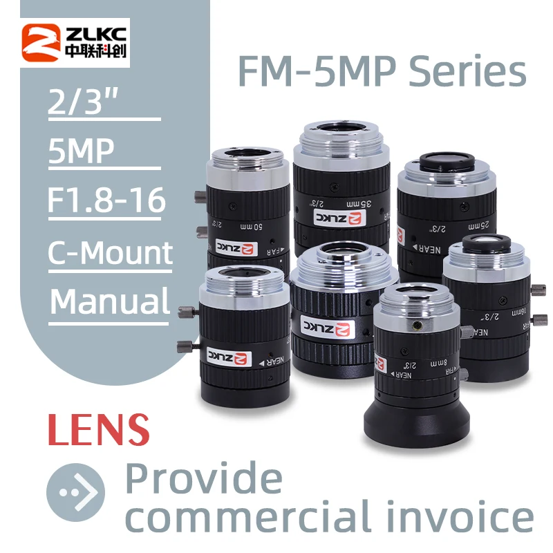 Фото ZLKC 5MP C Mount 8mm 12mm 16mm 25mm 35mm 50mm Lens 2/3 Inch FA Machine Vision Industrial Camera Manual Iris Low Distortion F1.8 №1