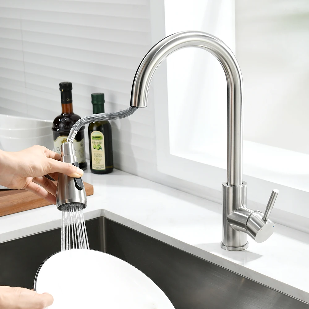 Brushed Nickel Kitchen Faucet Single Hole Pull Out Spout Kitchen Sink Mixer Tap Stream Sprayer Head Chrome/Black Mixer Tap866068