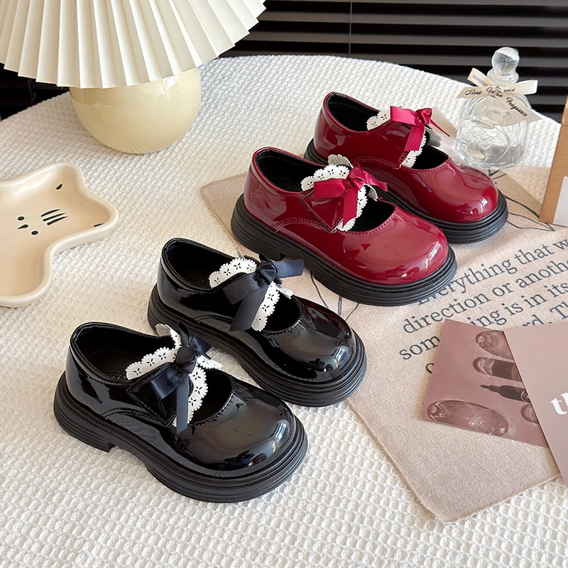 Girl's Leather Shoes Ruffles Ribbon Chunky Elegant Hook-loop Kids Mary Janes Spring Morden Black Wine Red Daily Children Shoe