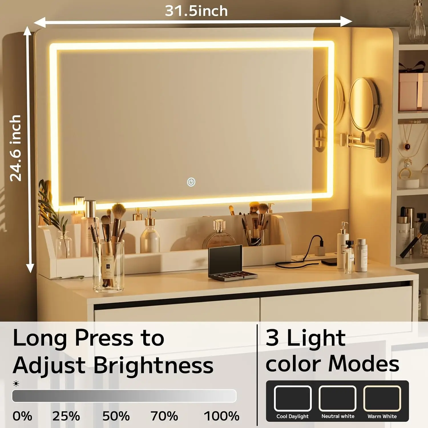 Desk with Mirror Lights, 41 Inch Makeup Vanity Table 10x Magnifying Mirror Charging Station Drawers Shelves Cabinet Adjustable