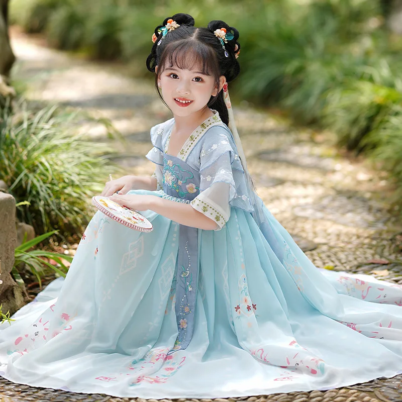 

Chinese Traditional Blue Floral Embroidery Hanfu Costume Ancient Oriental Princess Dress Tang Dynasty Dance Wear