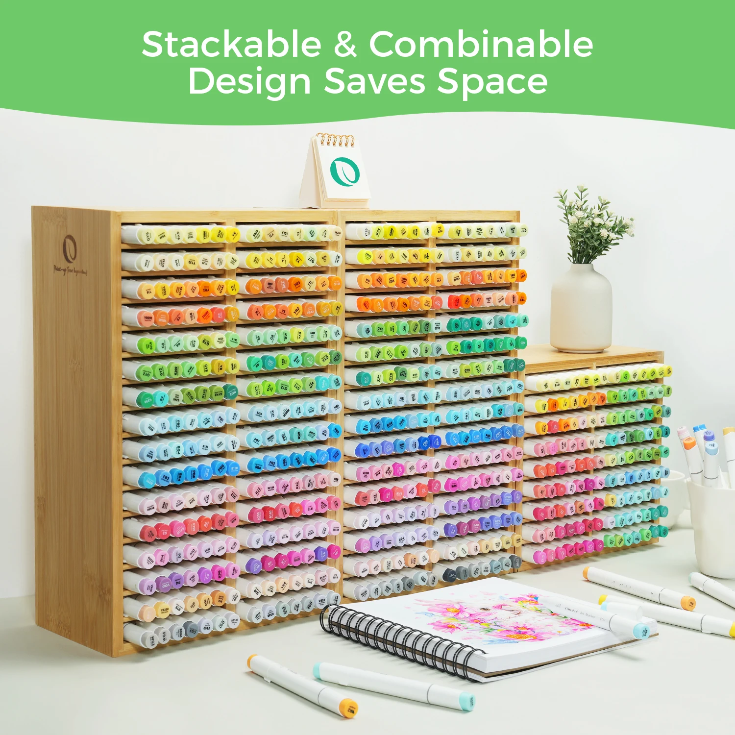 Ohuhu Bamboo Marker Organizer Wooden Desktop Storage Hold 126 Markers Pens Pencils Art Brushes Stationary Organizer Pen Holder 5