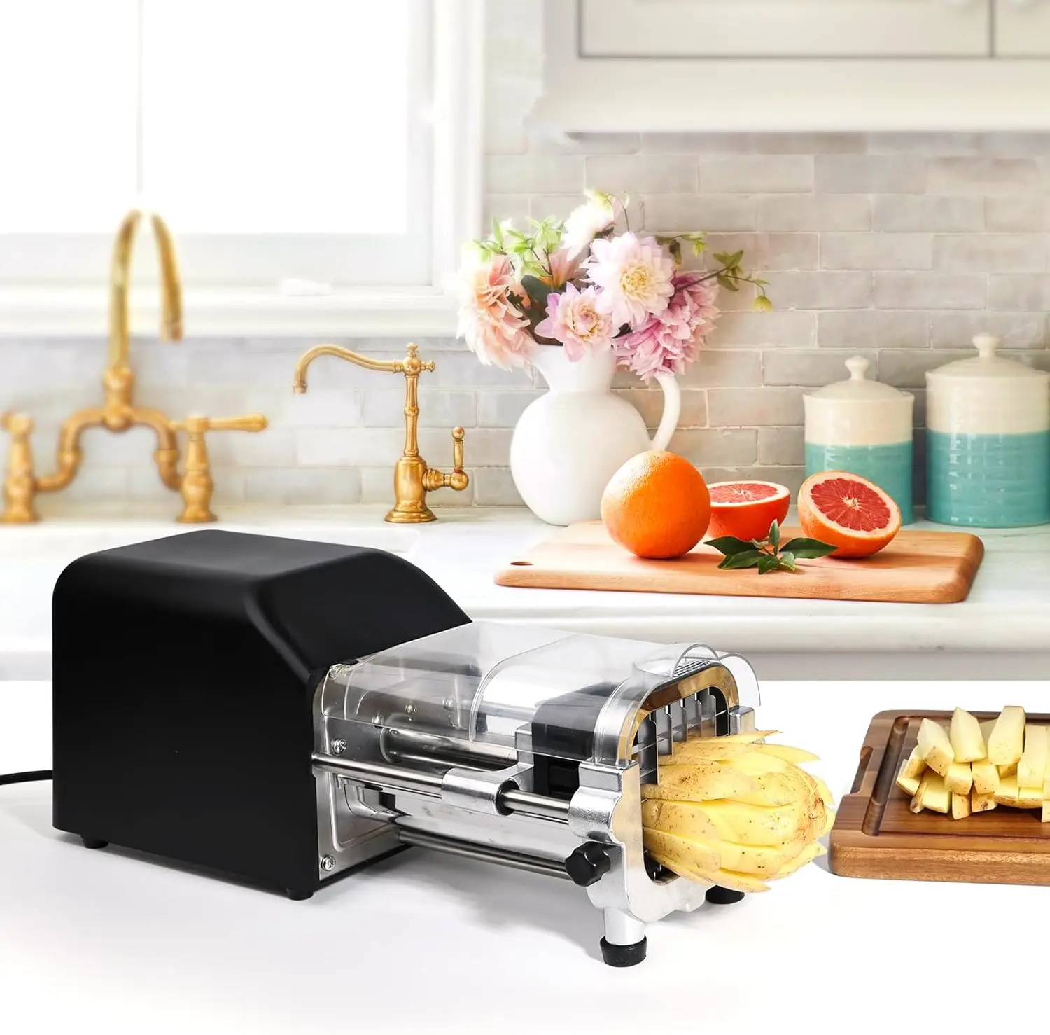 Electric French Fry Cutter, Upgrade Lid Control Version with 1/2 Inch and 3/8 Inch Blade. 300w Commercial Grade Stainless 6