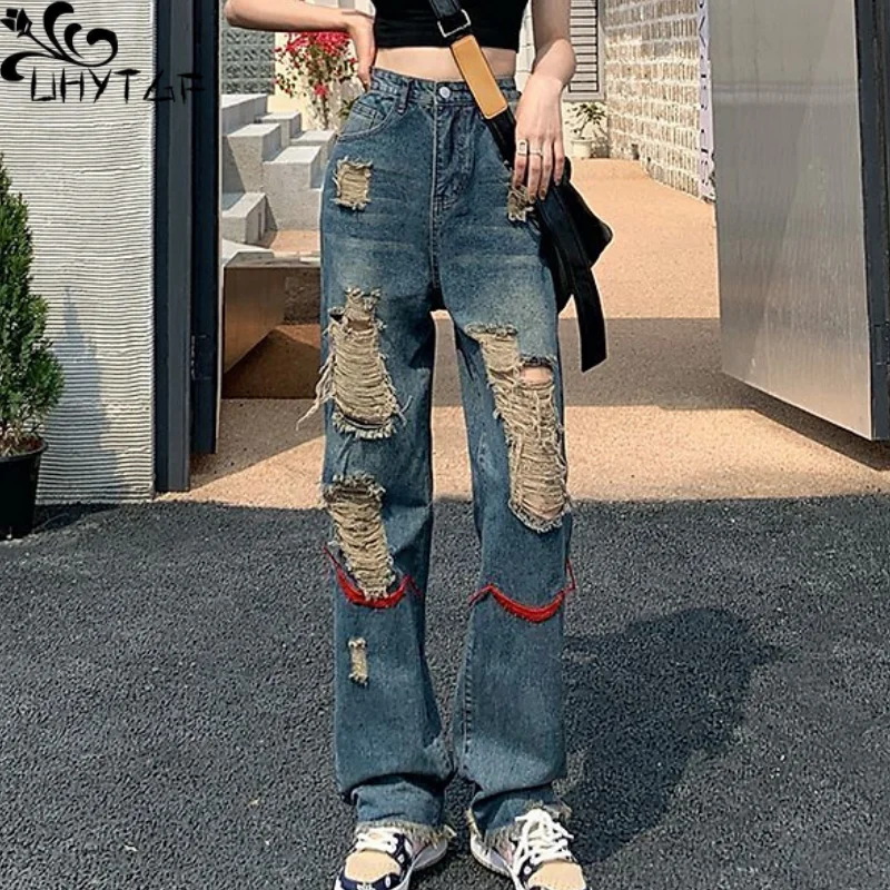 

UHYTGF Ripped Jeans Women Spring Summer New Spicy Girl High Street Semi-Elastic High-Waist Loose Wide Leg Y2K Female Denim Pants