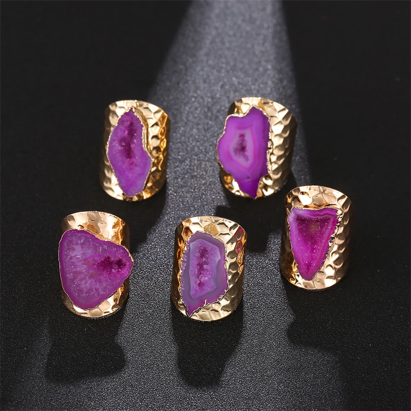 Irregular Geode Stone Agate Slices Wide Open Ring for Women Boho Resizable Finger Jewelry 3