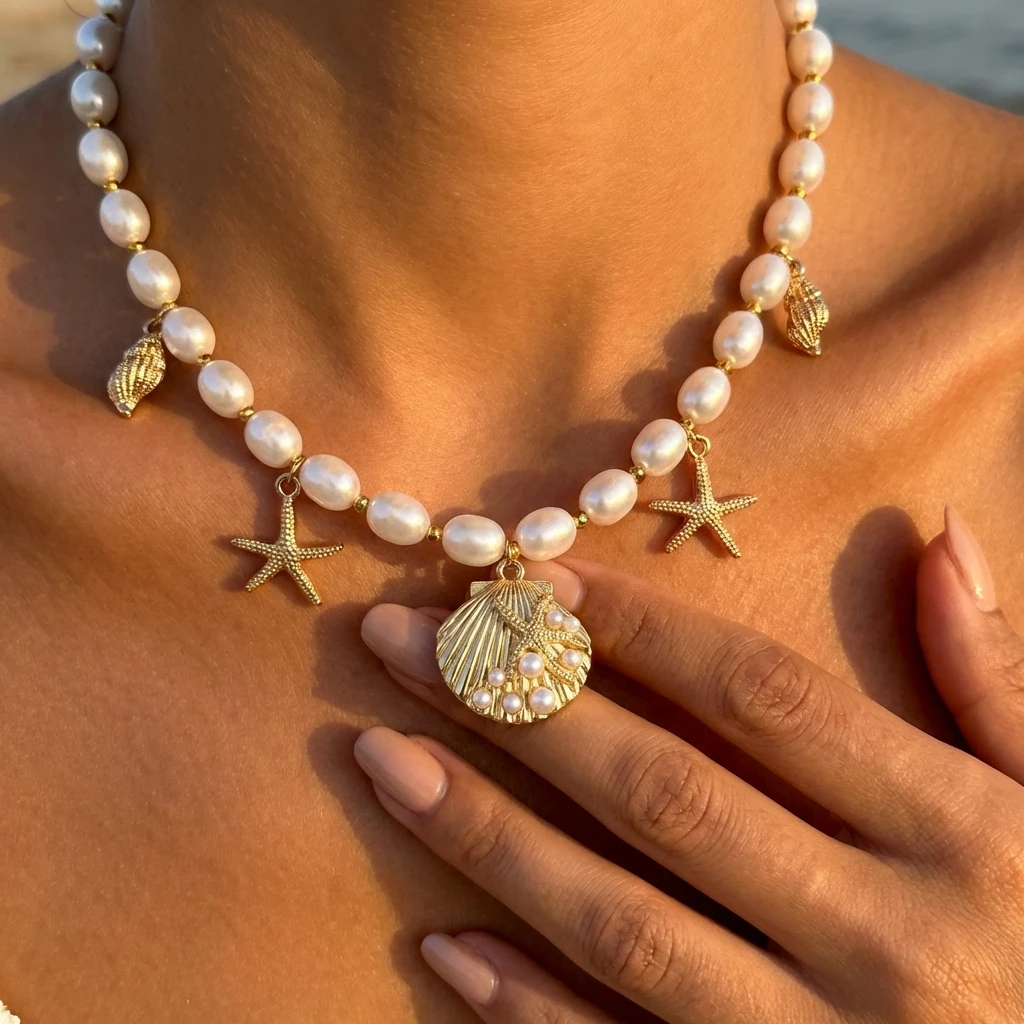 Böhmische Imitationsperlen-Choker-Halskette für Frauen Goldfarbener Muschel-Seestern-Anhänger Sommer Strand Urlaub Schmuck Geschenk