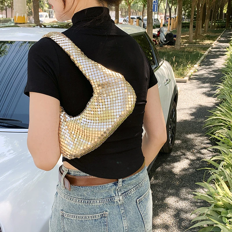 Evening Underarm Women's Shoulder Bag 2024 New Metallic Fashion Handbag Personality Sequined Splicing Luxury Party Dumpling Bag