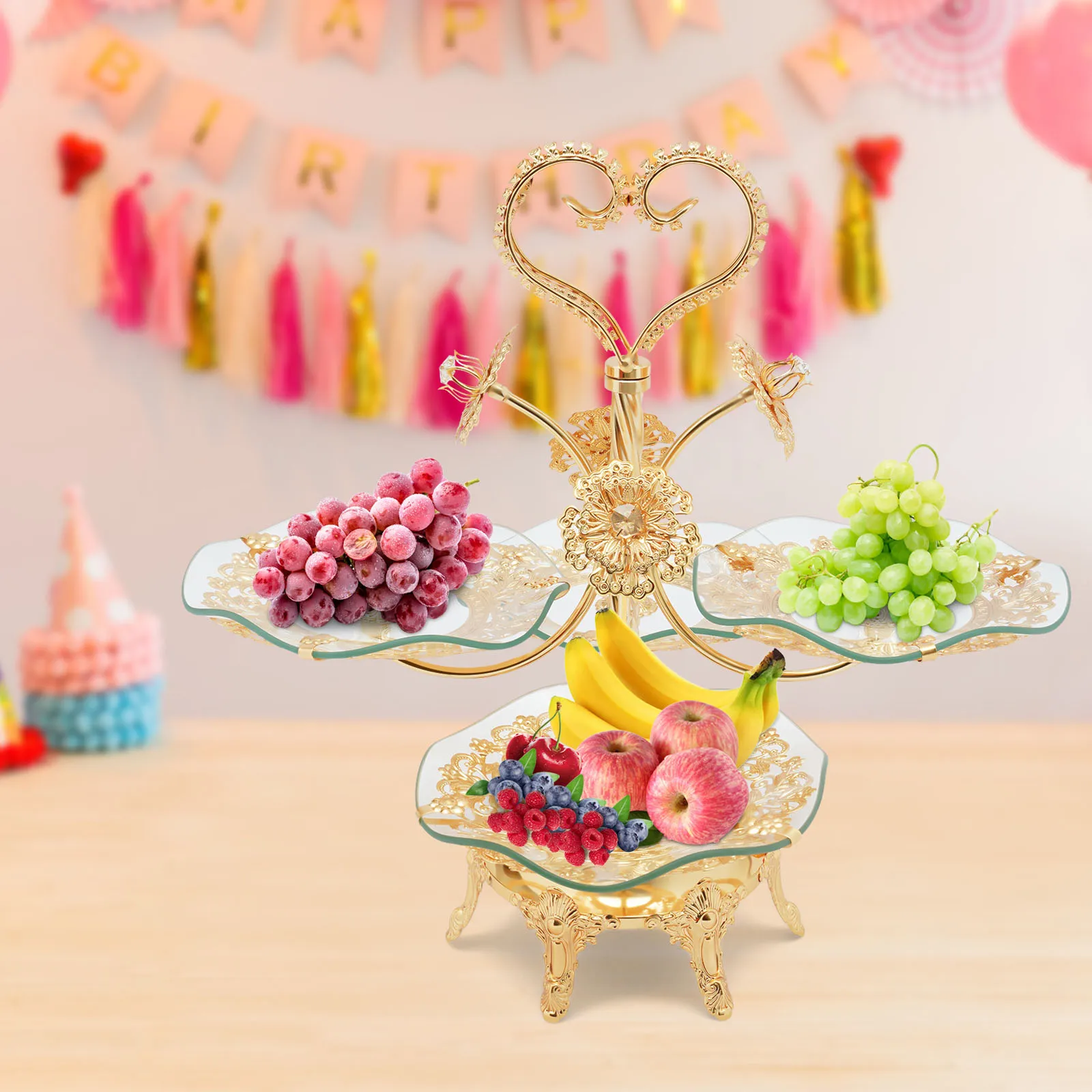 Cake Stands , Gold Fruit Bowl Tray Holder Dessert Stand Cake Plate with Round Glass Plate & Stainless Steel Holder