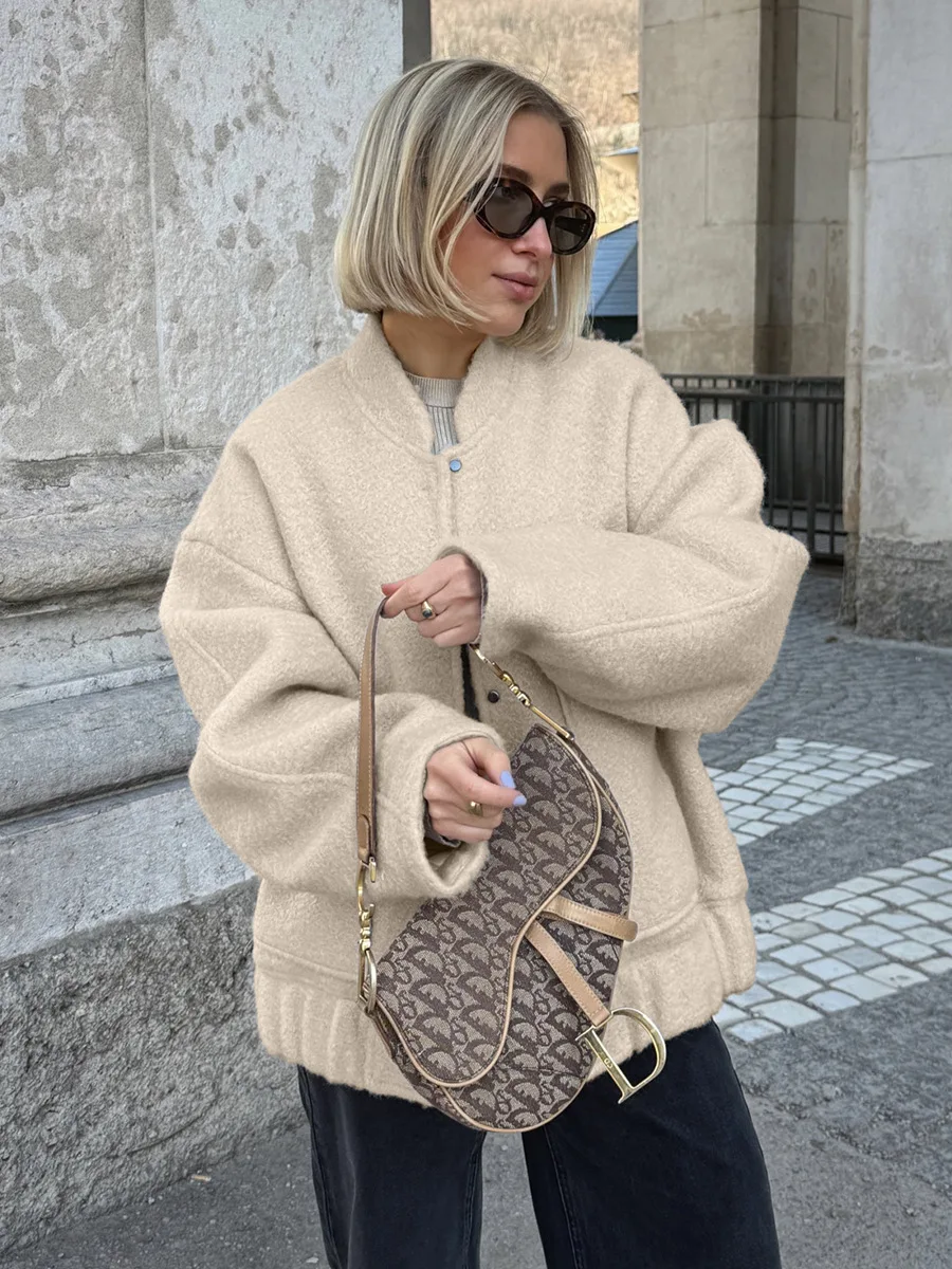 Bornladies Women's Autumn Winter Boucle Coat Loose Stand Collar Woolen Jacket Elegant Casual Outerwear