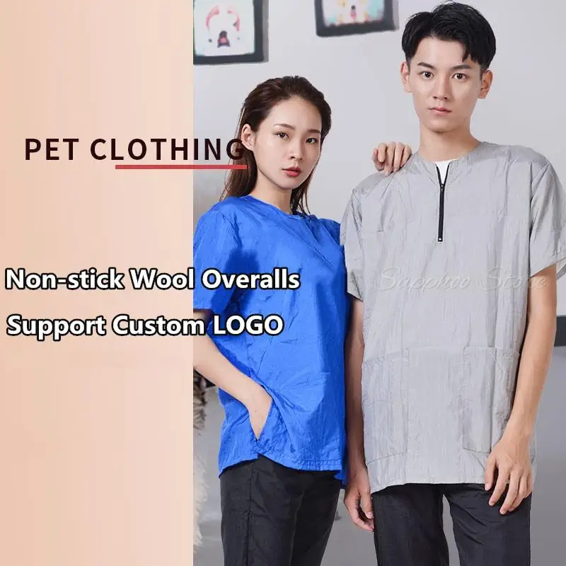 Description Picture 2 of itemPet Shop Groomer Waterproof Top Non-stick Hair Dog Bathing Short Sleeve Plus Size Round Neck Zipper Work Clothes Custom LOGO